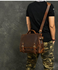 Leather Mens Brown Briefcase 12'' Laptop Briefcase Crossbody Side Bag Shoulder Bag For Men - imessengerbags