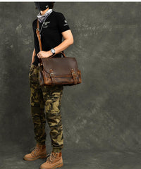 Leather Mens Brown Briefcase 12'' Laptop Briefcase Crossbody Side Bag Shoulder Bag For Men - imessengerbags