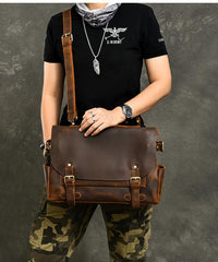 Leather Mens Brown Briefcase 12'' Laptop Briefcase Crossbody Side Bag Shoulder Bag For Men - imessengerbags