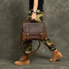Leather Mens Brown Briefcase 12'' Laptop Briefcase Crossbody Side Bag Shoulder Bag For Men - imessengerbags