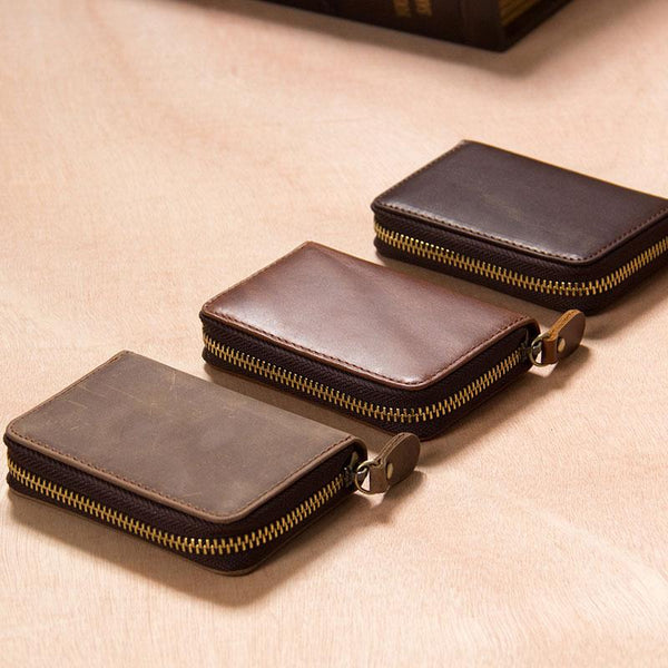 Leather Mens Card Wallet Zipper Vintage Coffee Brown Multi Card Change Wallet for Men - imessengerbags