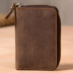 Leather Mens Card Wallet Zipper Vintage Coffee Brown Multi Card Change Wallet for Men