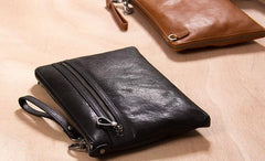 Leather Mens Clutch Wristlet Bag Brown Shoulder Bag Zipper Clutch for Men