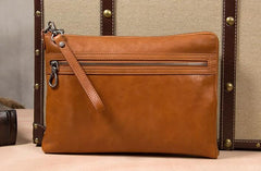 Leather Mens Clutch Wristlet Bag Brown Shoulder Bag Zipper Clutch for Men