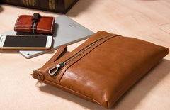 Leather Mens Clutch Wristlet Bag Brown Shoulder Bag Zipper Clutch for Men