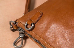 Leather Mens Clutch Wristlet Bag Brown Shoulder Bag Zipper Clutch for Men