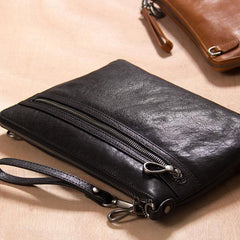Leather Mens Clutch Wristlet Bag Brown Shoulder Bag Zipper Clutch for Men