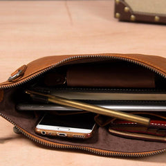 Leather Mens Clutch Wristlet Bag Brown Shoulder Bag Zipper Clutch for Men