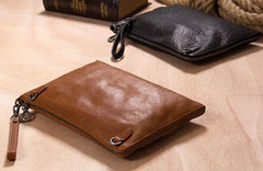 Leather Mens Clutch Wristlet Bag Brown Shoulder Bag Zipper Clutch for Men
