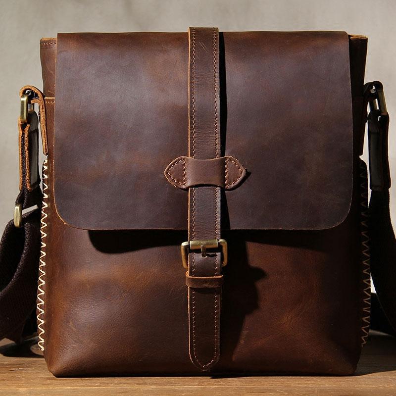 Cool Leather Small Messenger Bag Vintage Small Shoulder Bag Crossbody Bag  For Men