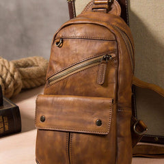 Leather Mens Cool Sling Bag Brown Crossbody Bag Chest Bag for men - imessengerbags