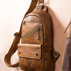 Leather Mens Cool Sling Bag Brown Crossbody Bag Chest Bag for men - imessengerbags