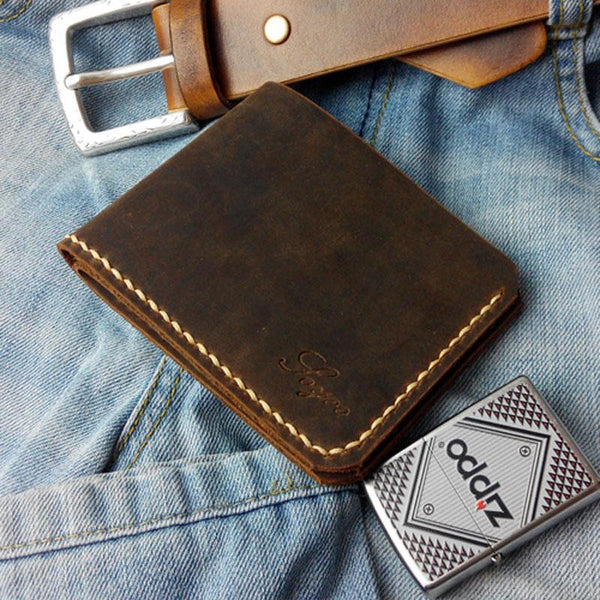 Leather Mens Slim Front Pocket Bifold Brown Small Wallets Card Wallet for Men - imessengerbags