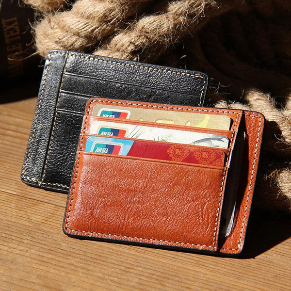 Leather Mens Slim Front Pocket Wallet Card Wallet Black Card Wallet for Men - imessengerbags