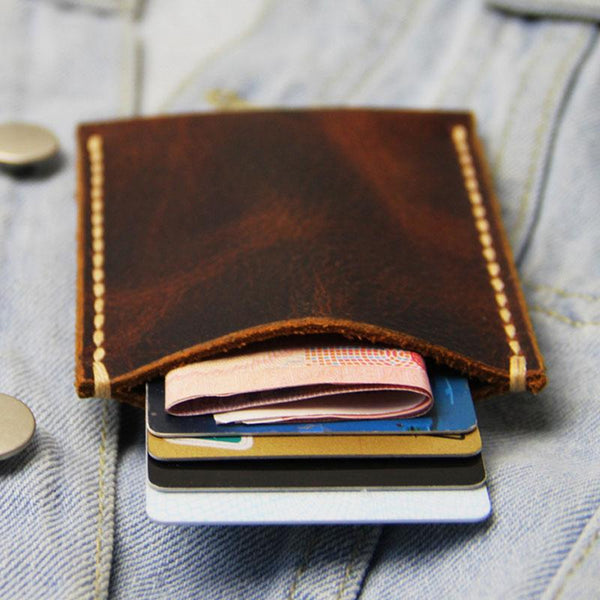 Leather Mens Slim Front Pocket Wallets Coffee Leather Cards Wallet for Men - imessengerbags