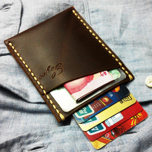 Leather Mens Slim Front Pocket Wallets Dark Brown Leather Cards Wallet for Men - imessengerbags