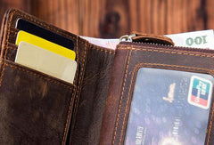 Leather Mens Wallet billfold Zipper Bifold Wallet Vintage Wallet for Men - imessengerbags