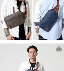 Waxed Canvas Sling Backpack Men's Sling Bag Navy Blue Chest Bag Waxed Canvas One shoulder Backpack For Men