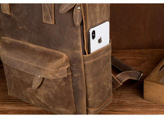 Cool Brown Mens Leather 15-inch Work Backpack Handbag Travel Backpack Computer Backpack for Men