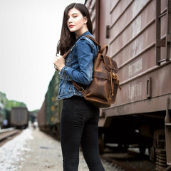Light Brown Casual Mens Leather 15-inch Computer Backpack Dark Brown Travel Backpacks School Backpacks for men - imessengerbags