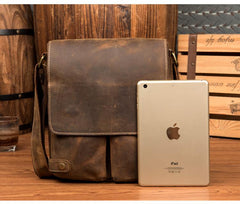 Cool Light Brown Leather 10 inches Mens Small Vertical Messenger Bags Courier Bag Postman Bag for Men