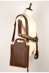 Light Brown Leather Mens 12 inches Briefcase Vertical Laptop Bag Business Handbag Work Bags for Men - imessengerbags