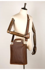 Light Brown Leather Mens 12 inches Briefcase Vertical Laptop Bag Business Handbag Work Bags for Men - imessengerbags