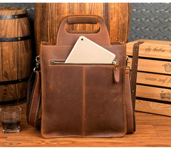Light Brown Leather Mens 12 inches Briefcase Vertical Laptop Bag Business Handbag Work Bags for Men - imessengerbags