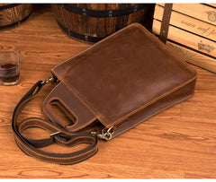 Light Brown Leather Mens 12 inches Briefcase Vertical Laptop Bag Business Handbag Work Bags for Men - imessengerbags