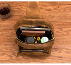 Cool Brown Leather Mens One Shoulder Backpack Sling Bags Crossbody Pack Chest Bag for men