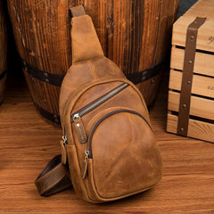 Cool Brown Leather Mens One Shoulder Backpack Sling Bags Crossbody Pack Chest Bag for men
