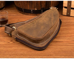 Cool Brown Leather Mens Sling Pack Sling Bags Crossbody Pack Chest Bag for men