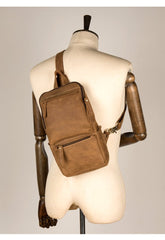 Cool Light Brown Leather Mens 10 inches Sling Bag Crossbody Pack Chest Bag for men