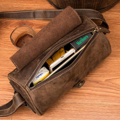 Cool Mens Brown Leather Small Barrel Messenger Bag Bucket Courier Bags for Men - imessengerbags