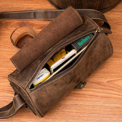 Cool Mens Brown Leather Small Barrel Messenger Bag Bucket Courier Bags for Men