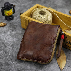 Vintage Leather Men's Small Change Wallet Brown Zipper Front Pocket Wallet For Men - imessengerbags