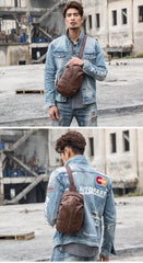 Handmade Brown Leather Mens Sling Bag Sling Pack Chest Bag Black One Shoulder Backpack for Men - imessengerbags