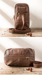 Handmade Brown Leather Mens Sling Bag Sling Pack Chest Bag Black One Shoulder Backpack for Men - imessengerbags