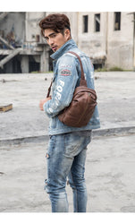 Handmade Brown Leather Mens Sling Bag Sling Pack Chest Bag Black One Shoulder Backpack for Men - imessengerbags