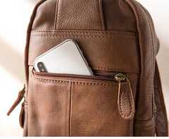 Handmade Brown Leather Mens Sling Bag Sling Pack Chest Bag Black One Shoulder Backpack for Men - imessengerbags