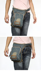 Blue Denim Thigh Bag Fanny Pack for Men Drop Leg Bag Blue Denim Mens Bum Bag Waist Bags