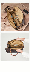 Mens Green Canvas Leather 14inch Black Briefcase Handbag Work Bag Business Side Bag for Men