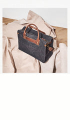 Mens Green Canvas Leather 14inch Black Briefcase Handbag Work Bag Business Side Bag for Men