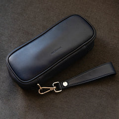 Black Leather Mens Leather 2pcs Tobacco Pipe Cases Zipper Tobacco Pipe Case for Men