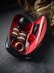 Black Leather Mens Leather 2pcs Tobacco Pipe Cases Zipper Tobacco Pipe Case for Men