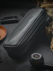 Black Leather Mens Leather 2pcs Tobacco Pipe Cases Zipper Tobacco Pipe Case for Men
