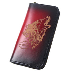 Around Zip Red Leather Long Wallet Mens Wolf Zipper Clutch Wallet for Men