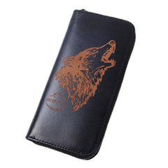 Around Zip Brown Leather Long Wallet Mens Wolf Zipper Clutch Wallet for Men