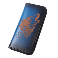 Around Zip Brown Leather Long Wallet Mens Wolf Zipper Clutch Wallet for Men