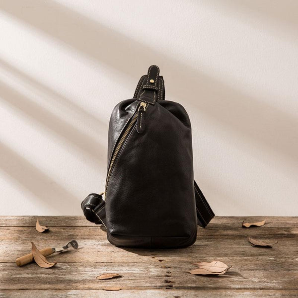 Mens Black Leather Sling Bag Sling Shoulder Bag Sling Backpack for men - imessengerbags